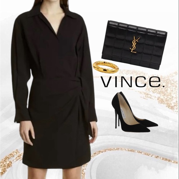 VINCE BLACK LONG SLEEVED WRAP HAMMERED WEAVE SHIRT DRESS SZ M - Picture 2 of 7